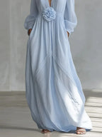 Blue Deep V-neck Three-dimensional Floral Maxi Dress Flowering Girl