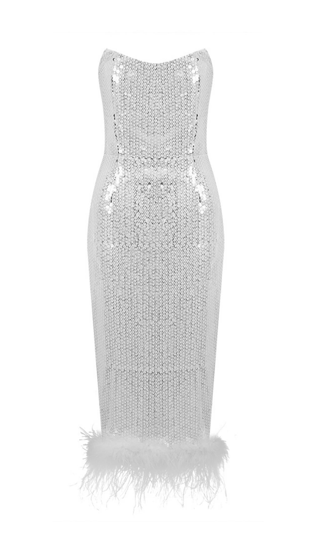 Sequin Feather Midi Dress In White Flowering Girl
