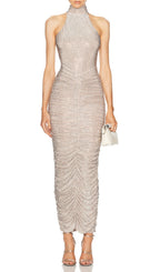 Cherine Halter Crystal Ruched Maxi Dress Flowering Girl