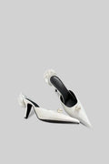 Satin Sandals with Pearl and Flower Detail - White Flowering Girl