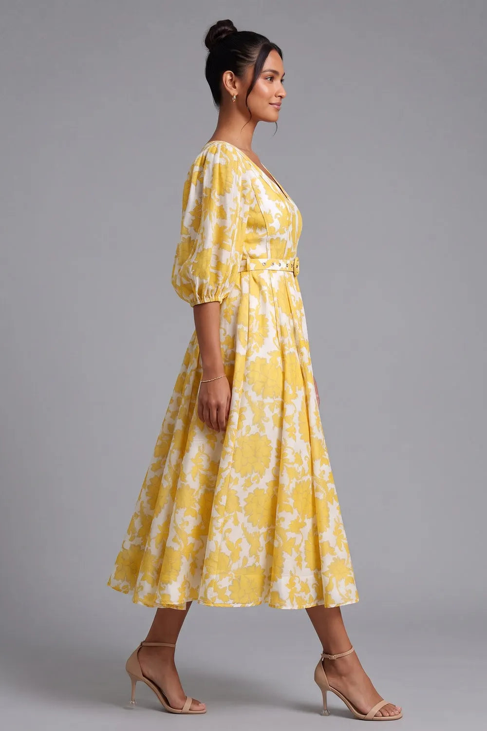 Yellow Floral Midi Dress with Belt Flowering Girl