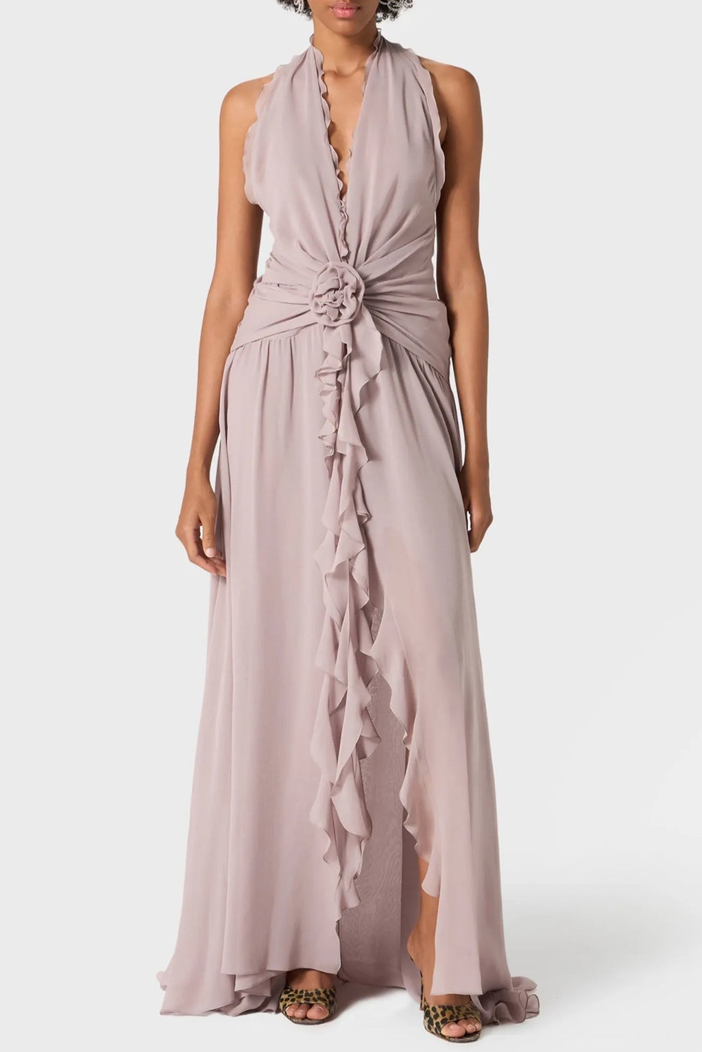 Aonaver Floral Ruffle Halter Maxi Dress - Purple Flowering Girl