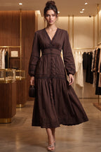 Chocolate Brown Cotton A-Line Tiered Midi Dress with Lace Inserts Flowering Girl