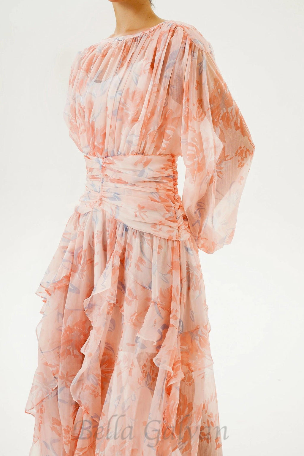 puff long sleeve tiered ruffle hem maxi dress in pink Flowering Girl