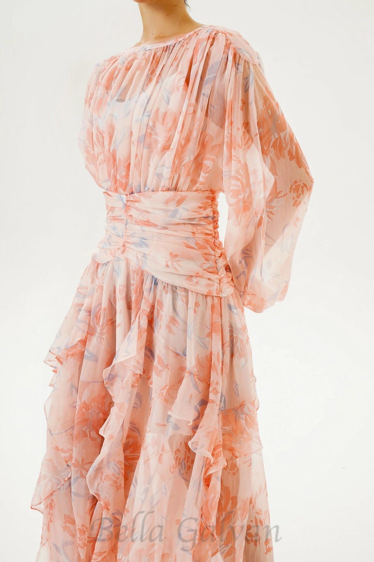 puff long sleeve tiered ruffle hem maxi dress in pink Flowering Girl