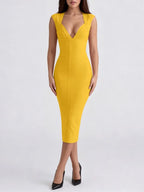 Marixa Yellow V-Neck Bandage Midi Dress Flowering Girl