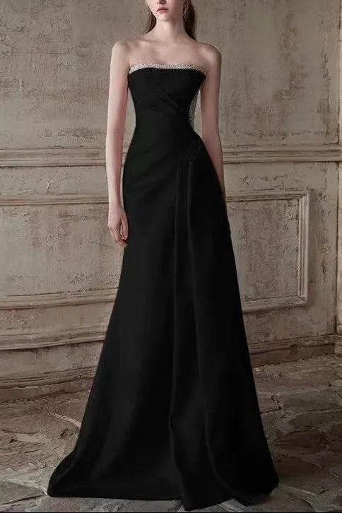 Mermaid Ruched Strapless Beading Black Prom Dress Flowering Girl