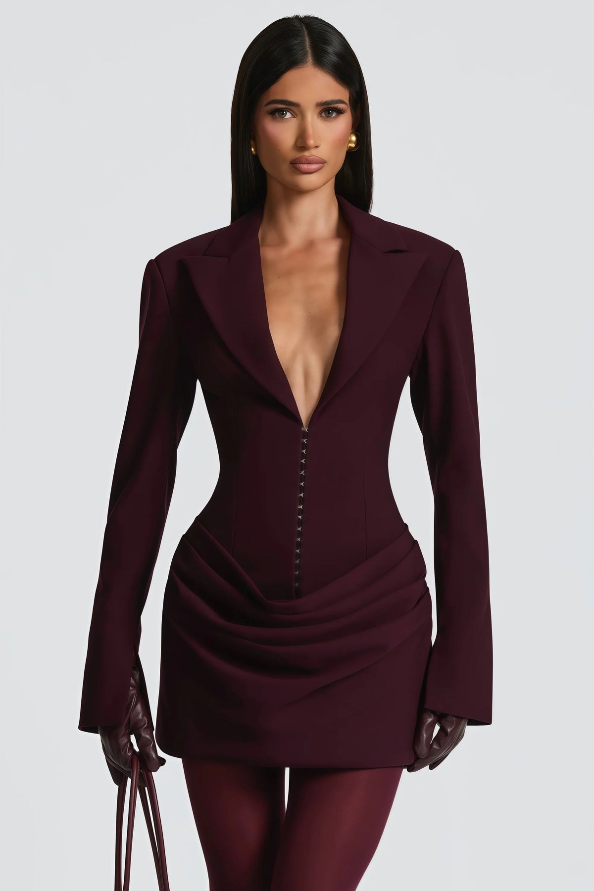 Amelia v-Neck Ruched Blazer Mini Dress In Wine Red Flowering Girl