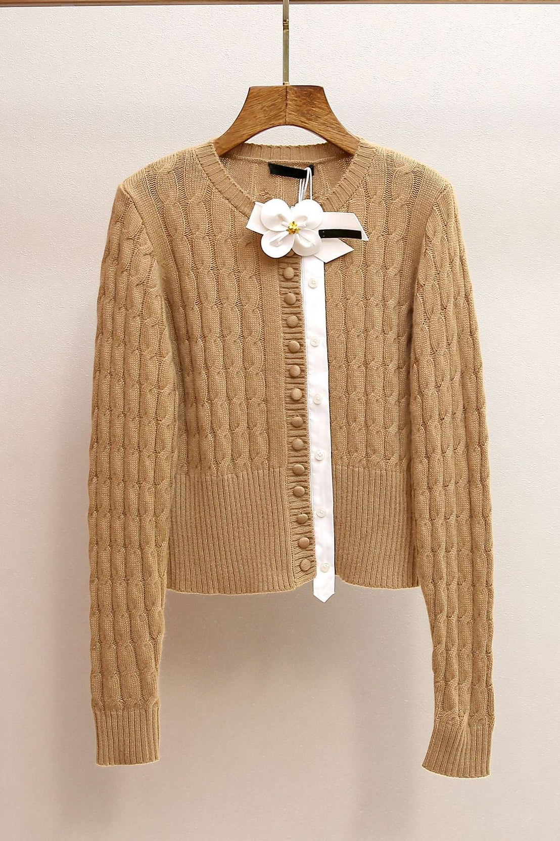 Beige Knit Cropped, Fitted Cardigan Flowering Girl