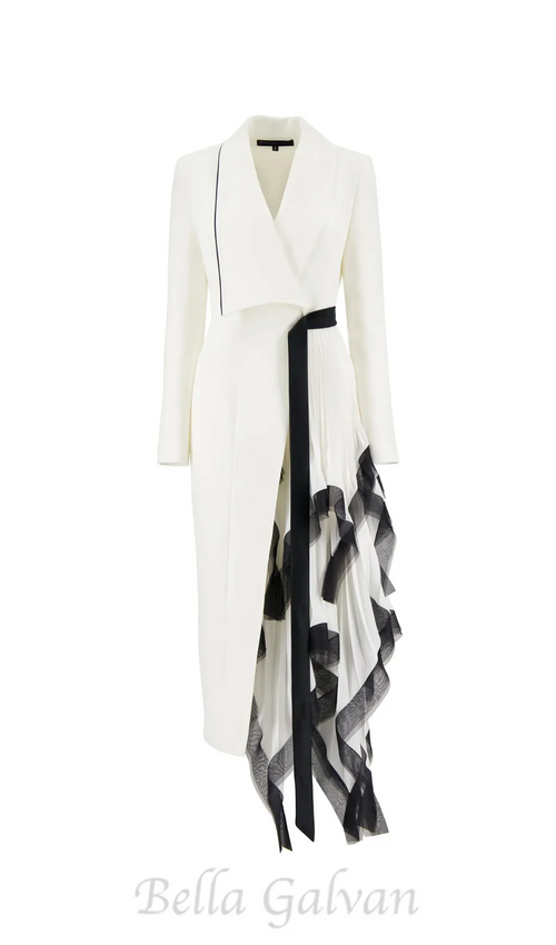 Asymmetric pleated ruffle trim blazer dress in white Flowering Girl