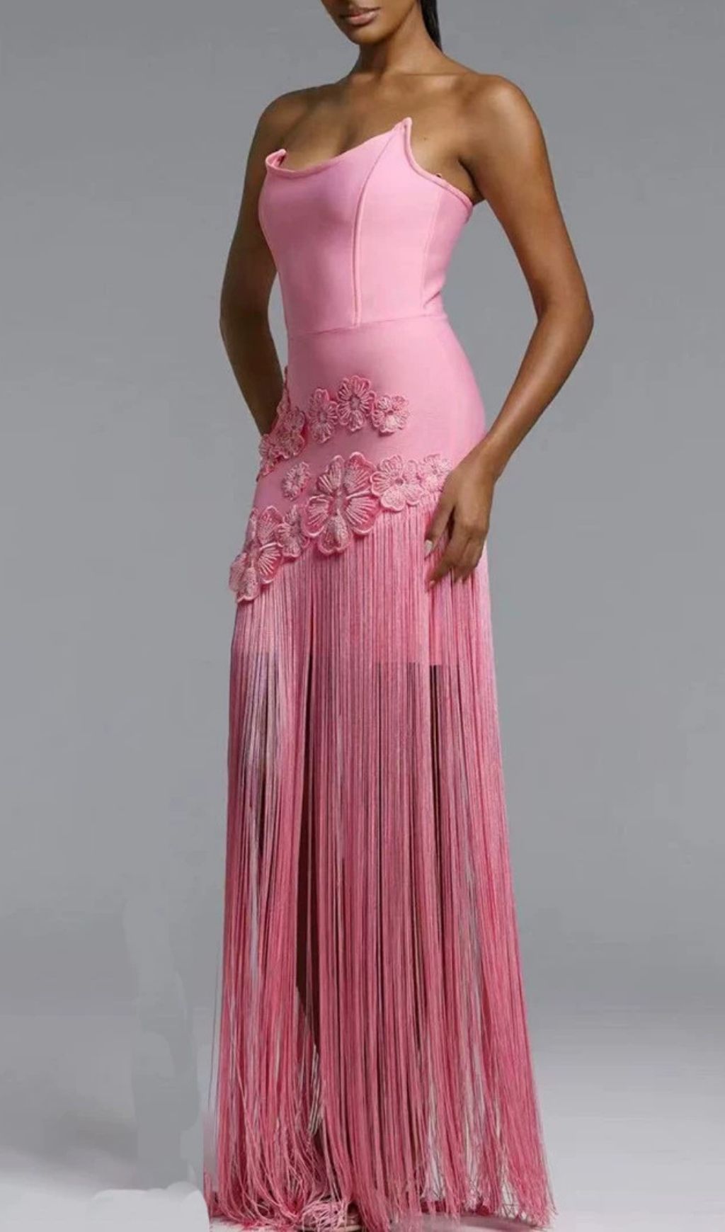 Koa Pink Strapless Flower Tassel Bandage Maxi Dress Flowering Girl