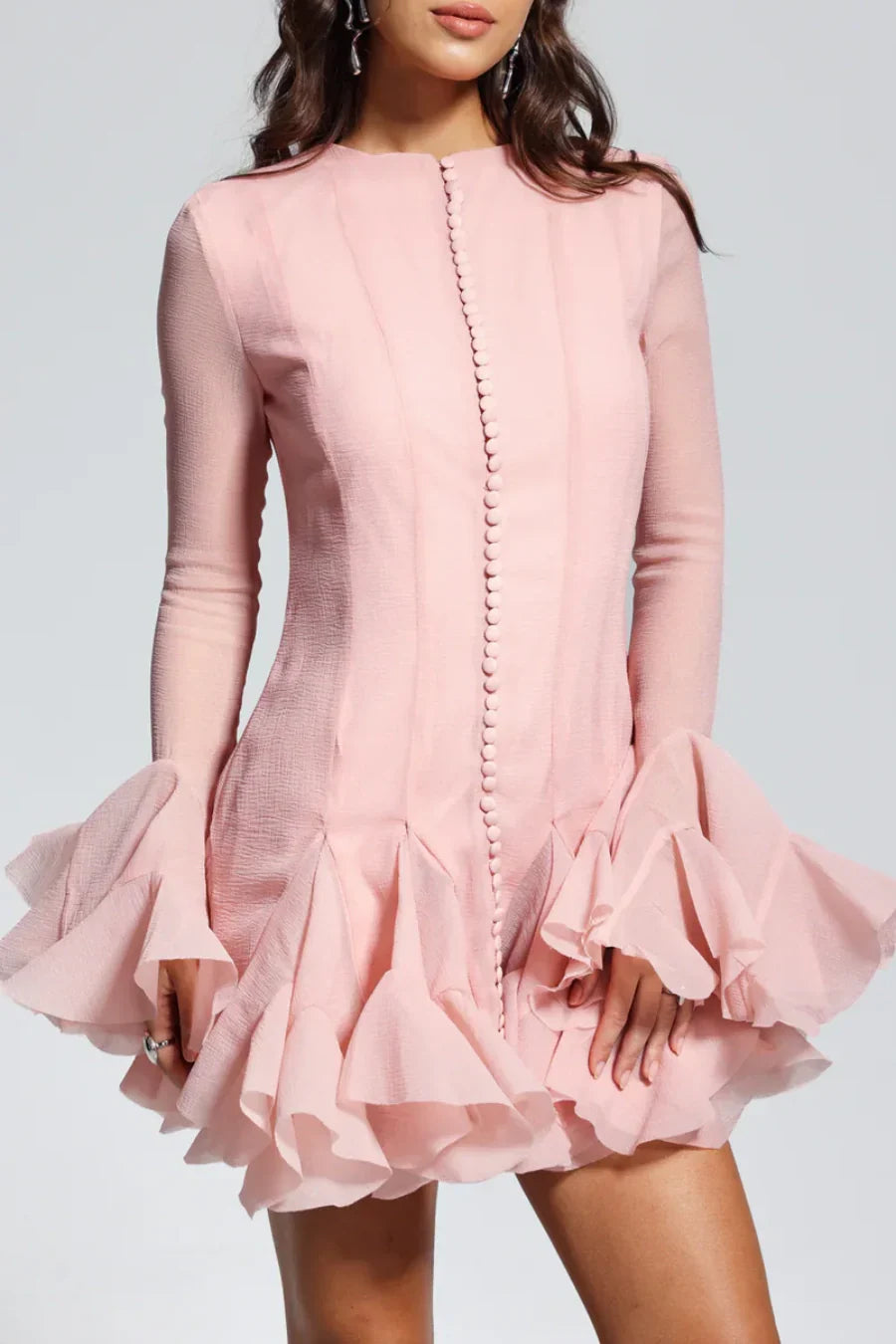 Alberta Semi-Sheer Ruffle Mini Dress - Pink Flowering Girl