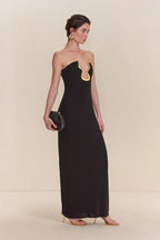 signature gold hardware cutout strapless column gown in black Flowering Girl