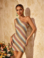 One Shoulder Knitted Mini Dress Flowering Girl