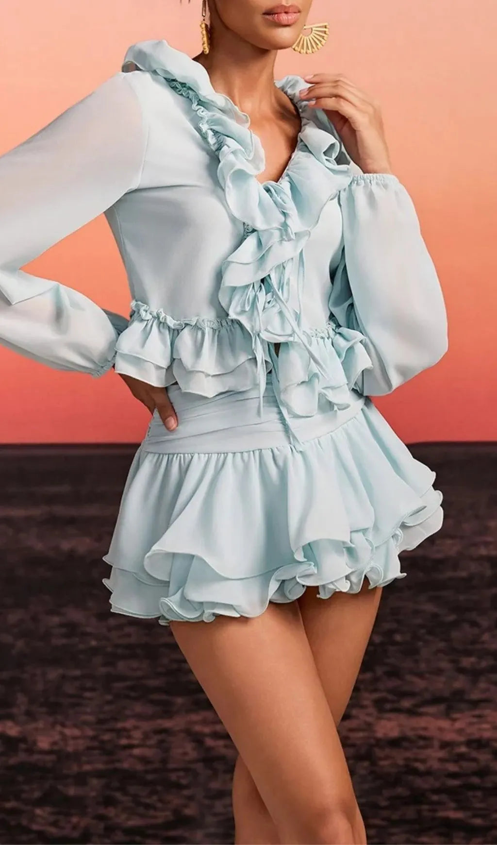 Evarn Long Sleeve Ruffle Skirt Set Flowering Girl
