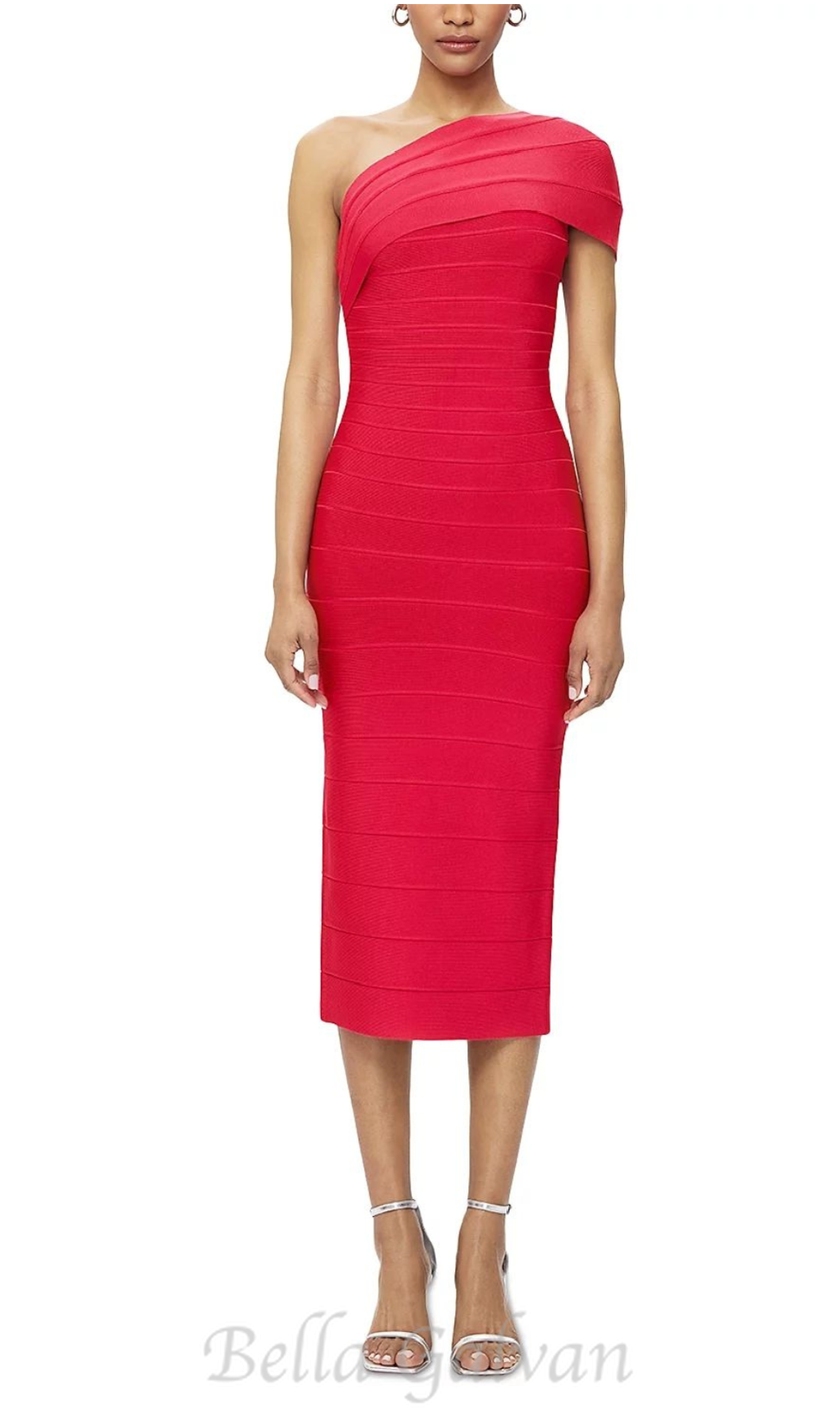 Abigail one-shoulder bandage midi Dress in rio red Flowering Girl