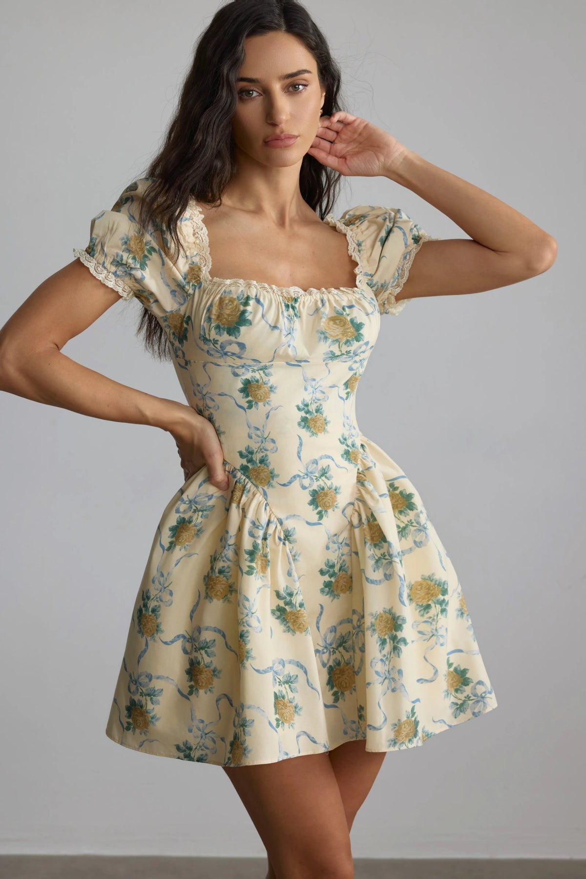 Beverly Floral Print Square Neck Mini Dress In Yellow Flowering Girl
