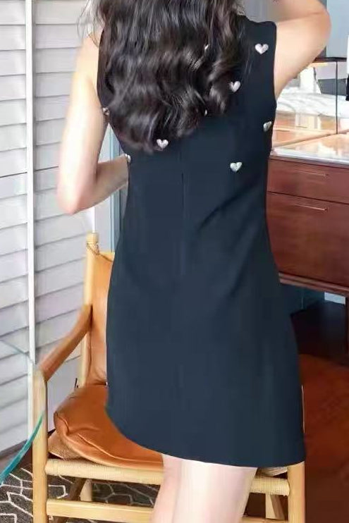 Scalloped Neck Heart Stud Sleeveless Black Mini Dress Flowering Girl
