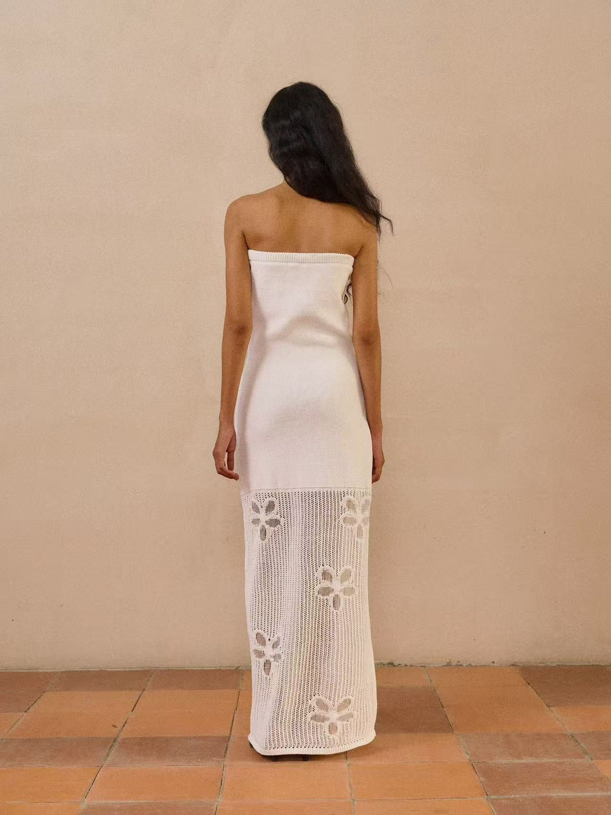 White Strapless Knit Maxi Dress With Butterfly Crochet Hem Flowering Girl
