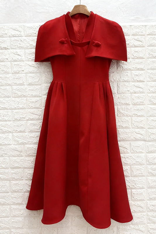 Red Structured Crepe Fit-and-Flare Midi Dress with Capelet Flowering Girl