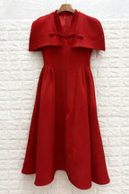 Red Structured Crepe Fit-and-Flare Midi Dress with Capelet Flowering Girl