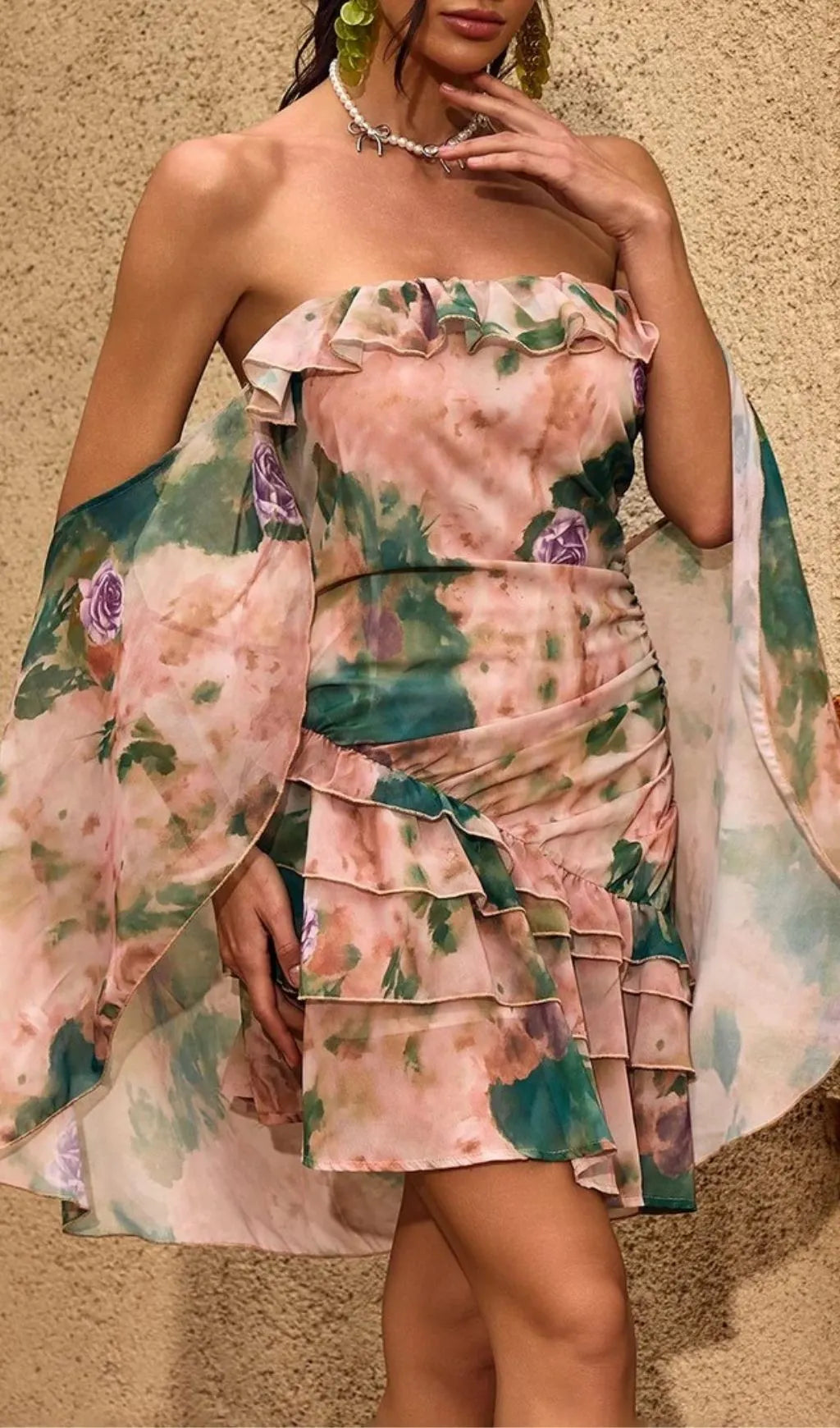 Chelan Cape Ruffle Floral Mini Dress Flowering Girl