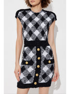 Button-Embellished Plaid Texture Mini Dress Flowering Girl