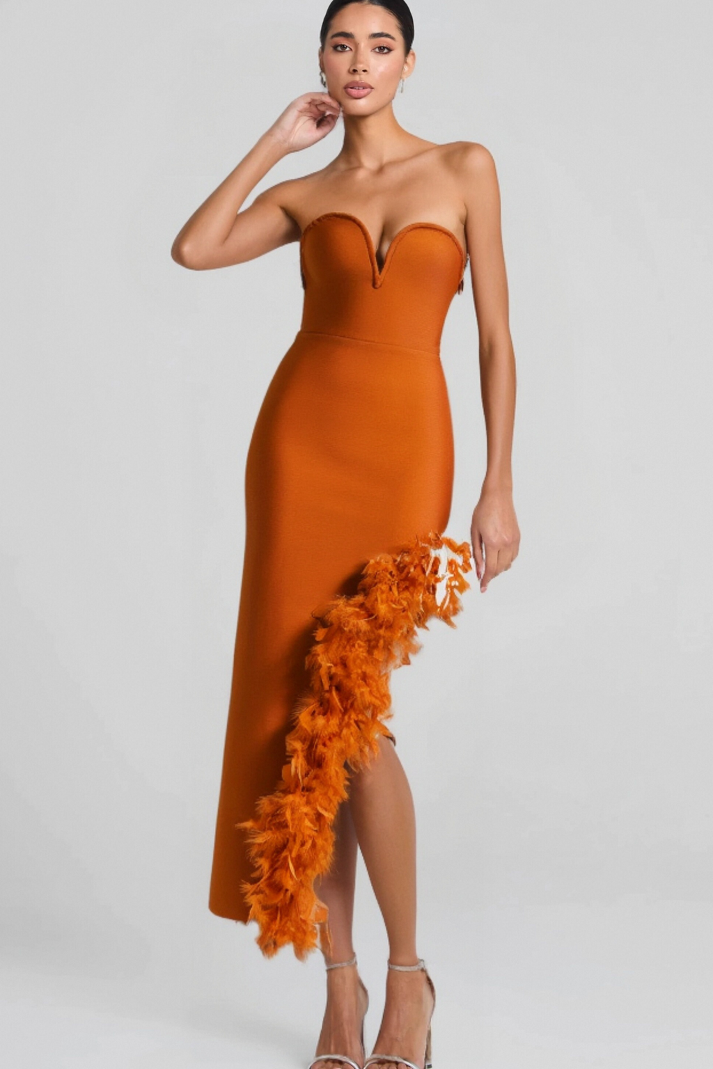 Ostrich Feather Bandage Dress With V-Neckline In Brown Flowering Girl