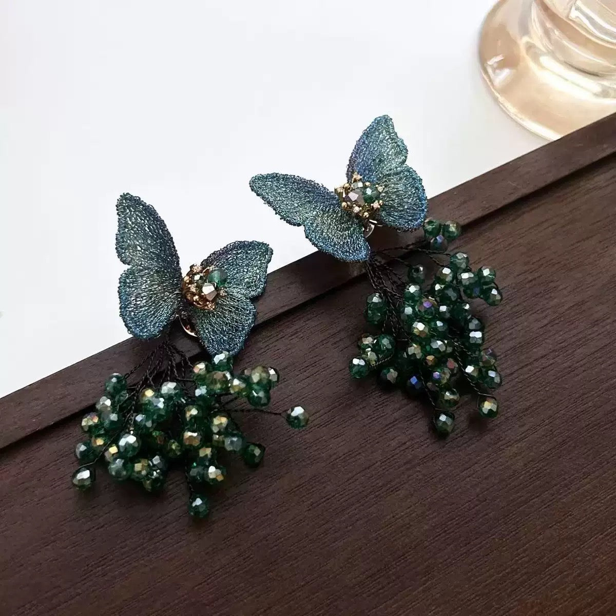 Handmade Teal Mesh Butterfly Dangle Earrings Flowering Girl