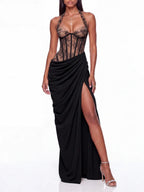 Fujiye Halterneck Lace Corset Split Dress In Black Flowering Girl