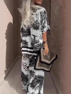 Casual V-Neck Printed Short-Sleeved Top And Wide-Leg Pants Set Flowering Girl