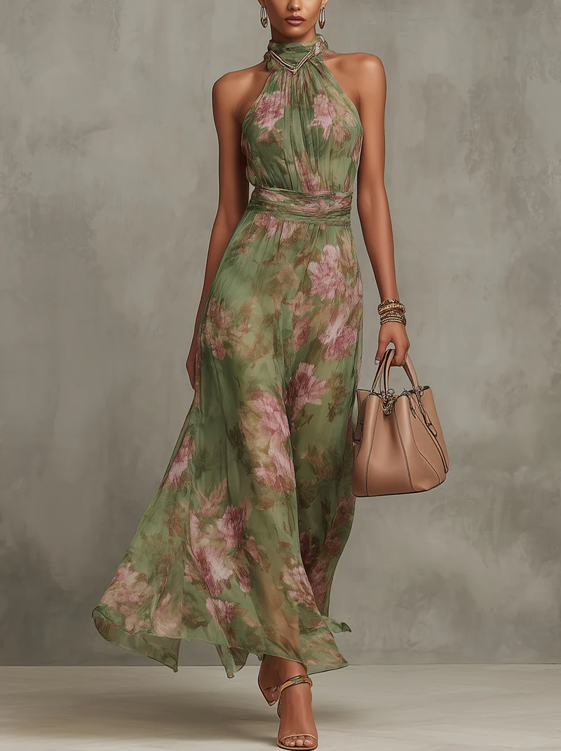 Polly Green Floral Chiffon Halter Maxi Dress Flowering Girl