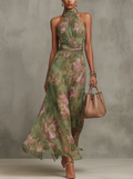 Polly Green Floral Chiffon Halter Maxi Dress Flowering Girl
