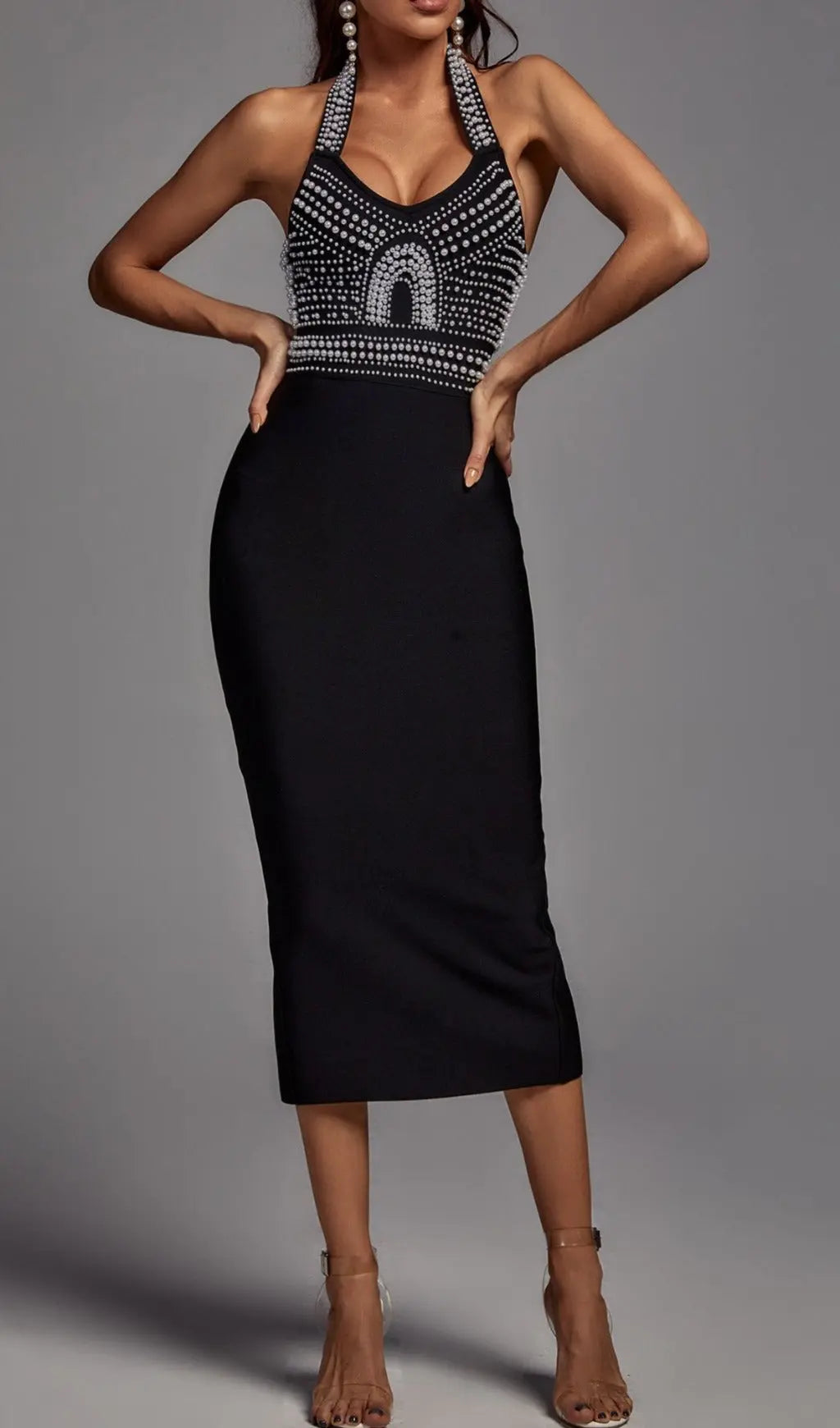 Black Pearl Halter Bandage Midi Dress Flowering Girl