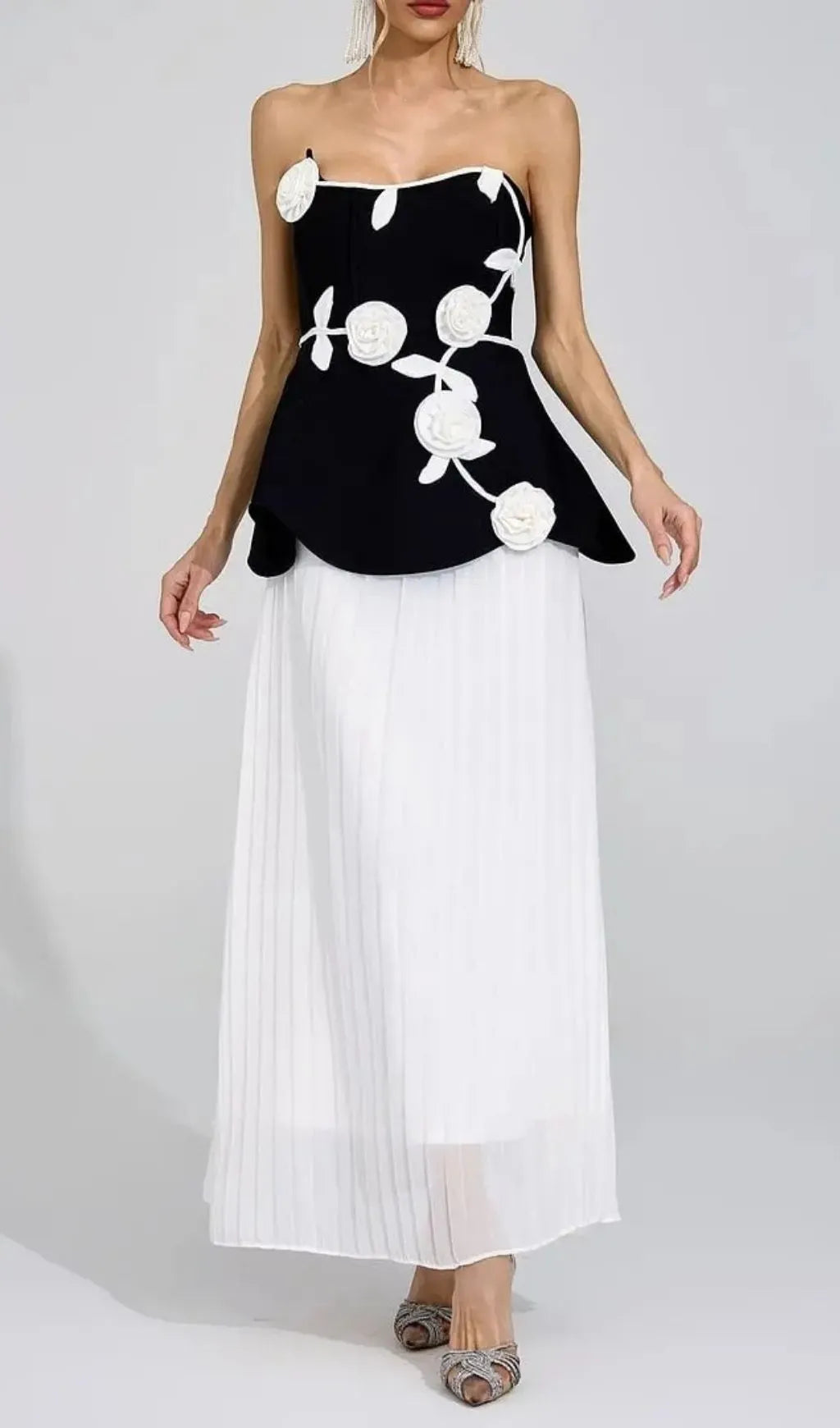 Mignon Black White Floral Strapless Maxi Dress Flowering Girl