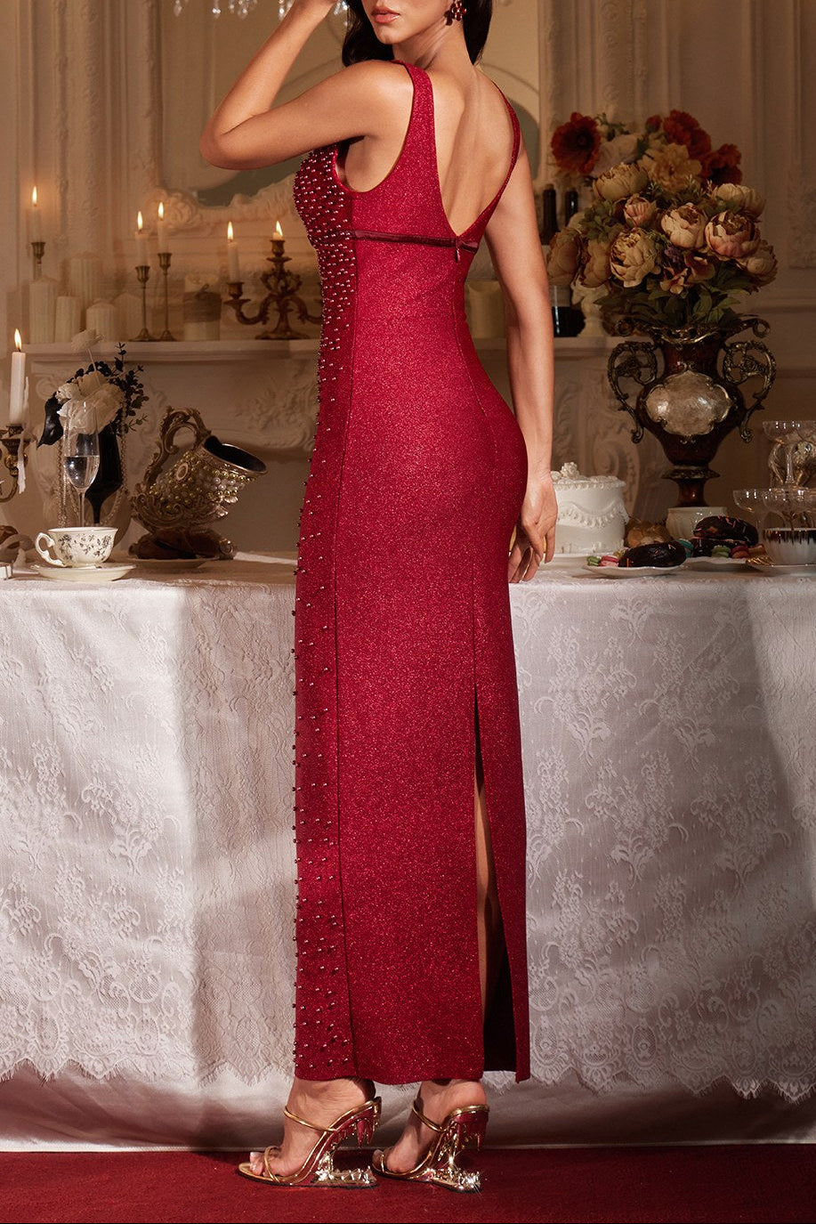 Kelly Plunge Neck Pearl Maxi Dress In Burgundy Flowering Girl