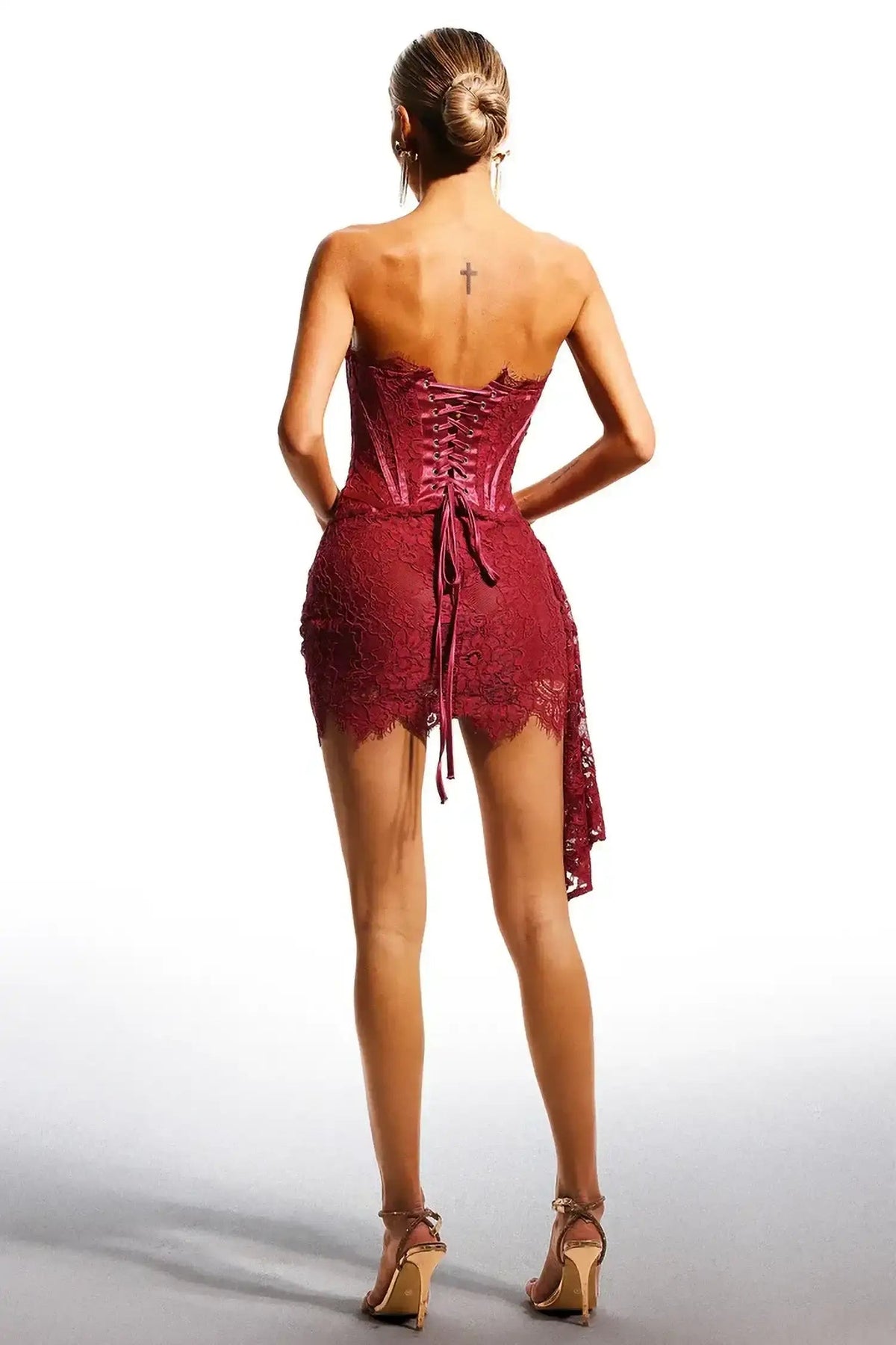 Burgundy Lace Overlay Bustier Mini Dress Flowering Girl