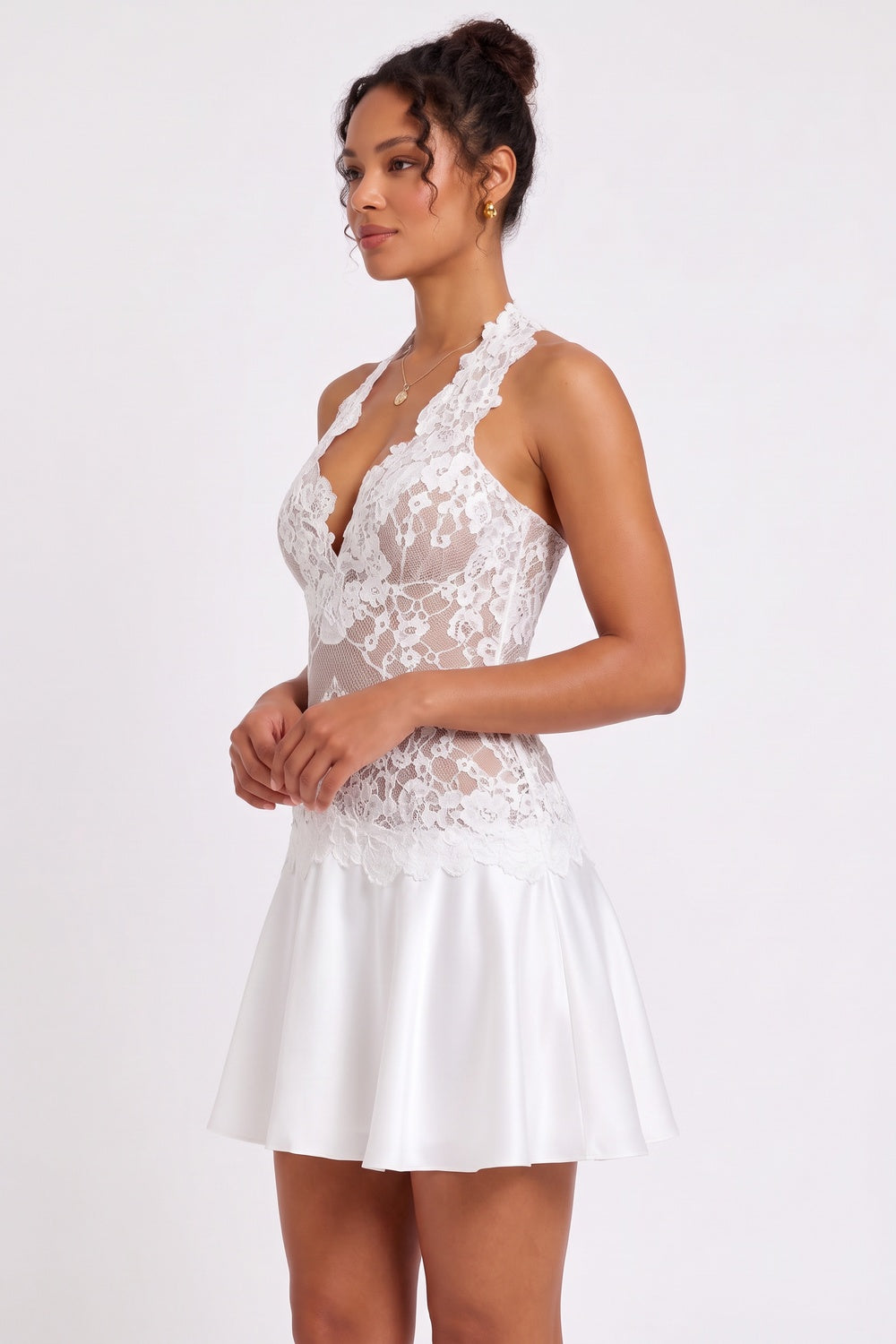 White Halter Lace Mini Dress Flowering Girl
