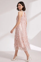 Blush Pink Tulle Mesh A-Line Shift Dress with Floral Embellishment Flowering Girl