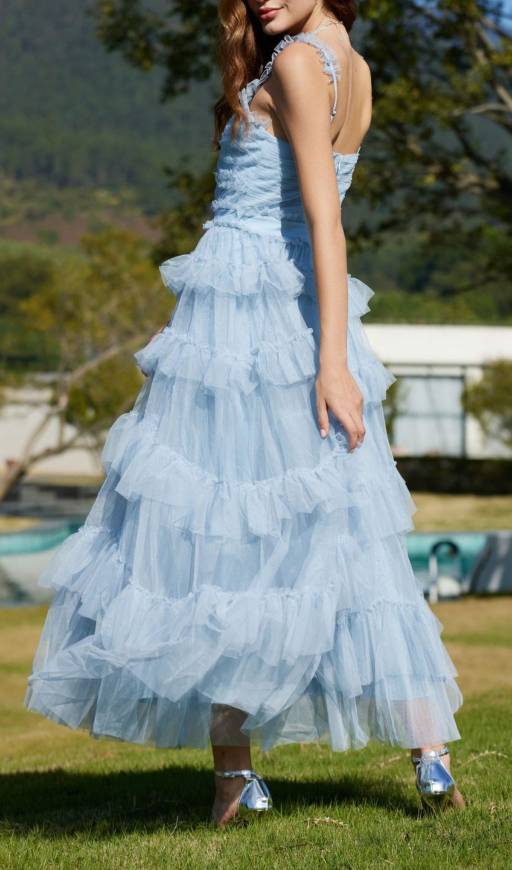 Blue Ruffle V Neck Sleeveless Tiered Tulle Maxi Dress Flowering Girl