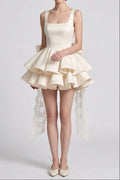 Cream Structured Satin Fit-and-Flare Mini Dress with Tiered Ruffles and Back Bow Flowering Girl