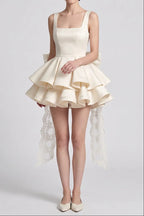 Cream Structured Satin Fit-and-Flare Mini Dress with Tiered Ruffles and Back Bow Flowering Girl