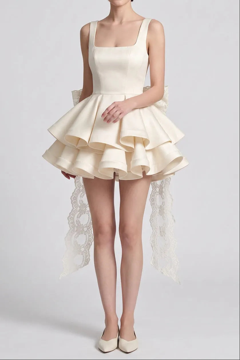 Cream Structured Satin Fit-and-Flare Mini Dress with Tiered Ruffles and Back Bow Flowering Girl