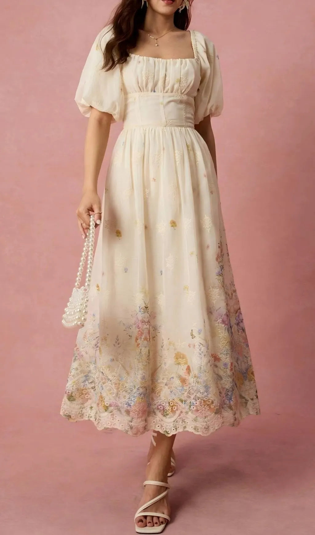 Lamia Puff Sleeve Printed Midi Dress Flowering Girl