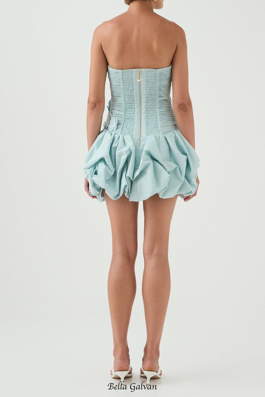 moira floral strapless Puffy mini dress in blue Flowering Girl