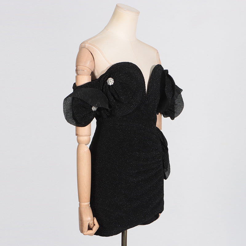 Carly Black Ribbed Flower Mini Dress Flowering Girl