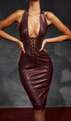 Leather Midi Dress In Wine Flowering Girl