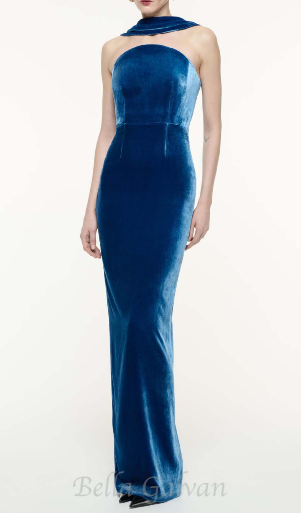josephine off-shoulder velvet sash gown in blue Flowering Girl