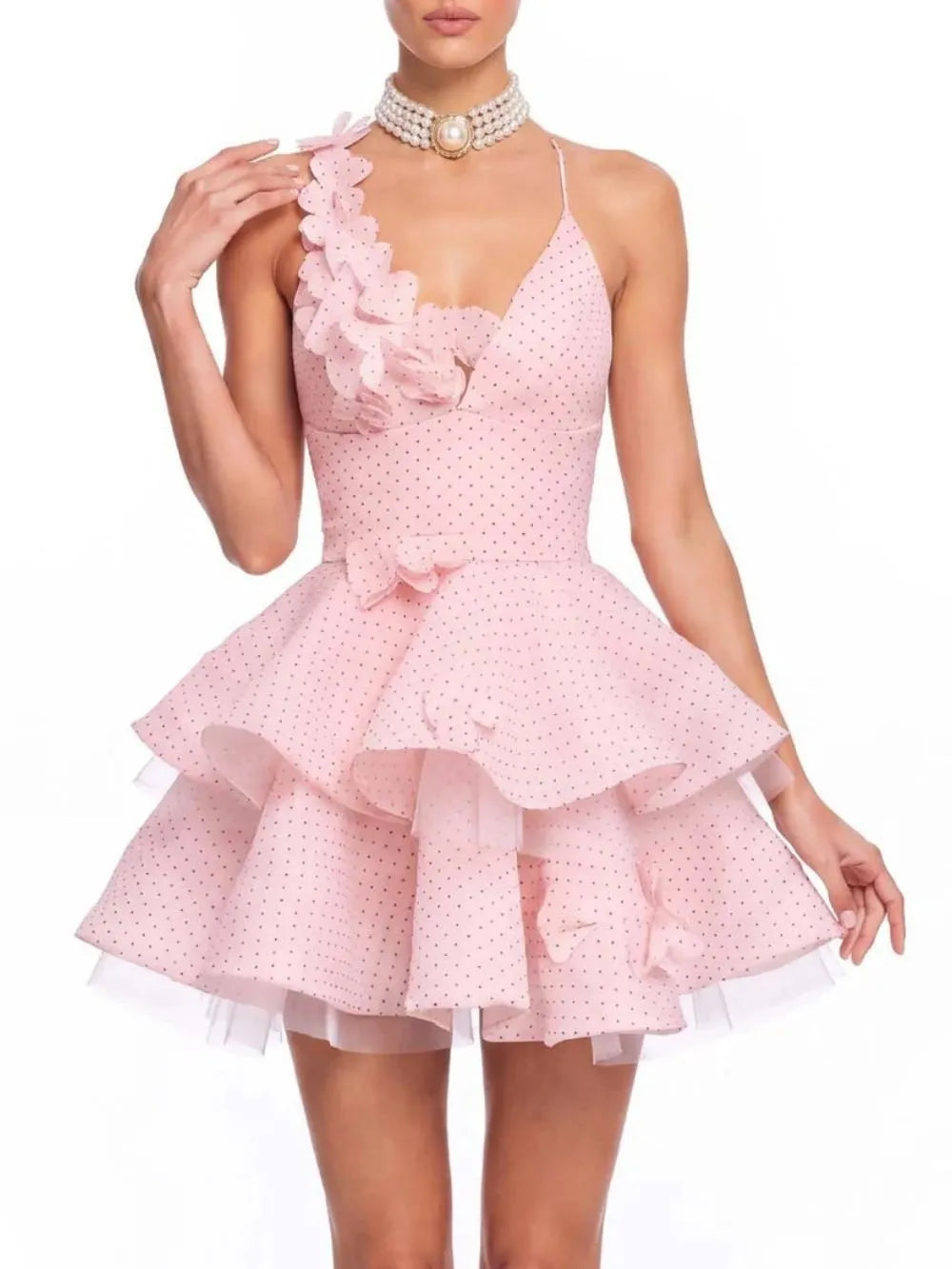 Xexis V Neck Tiered Dot Mini Dress Flowering Girl