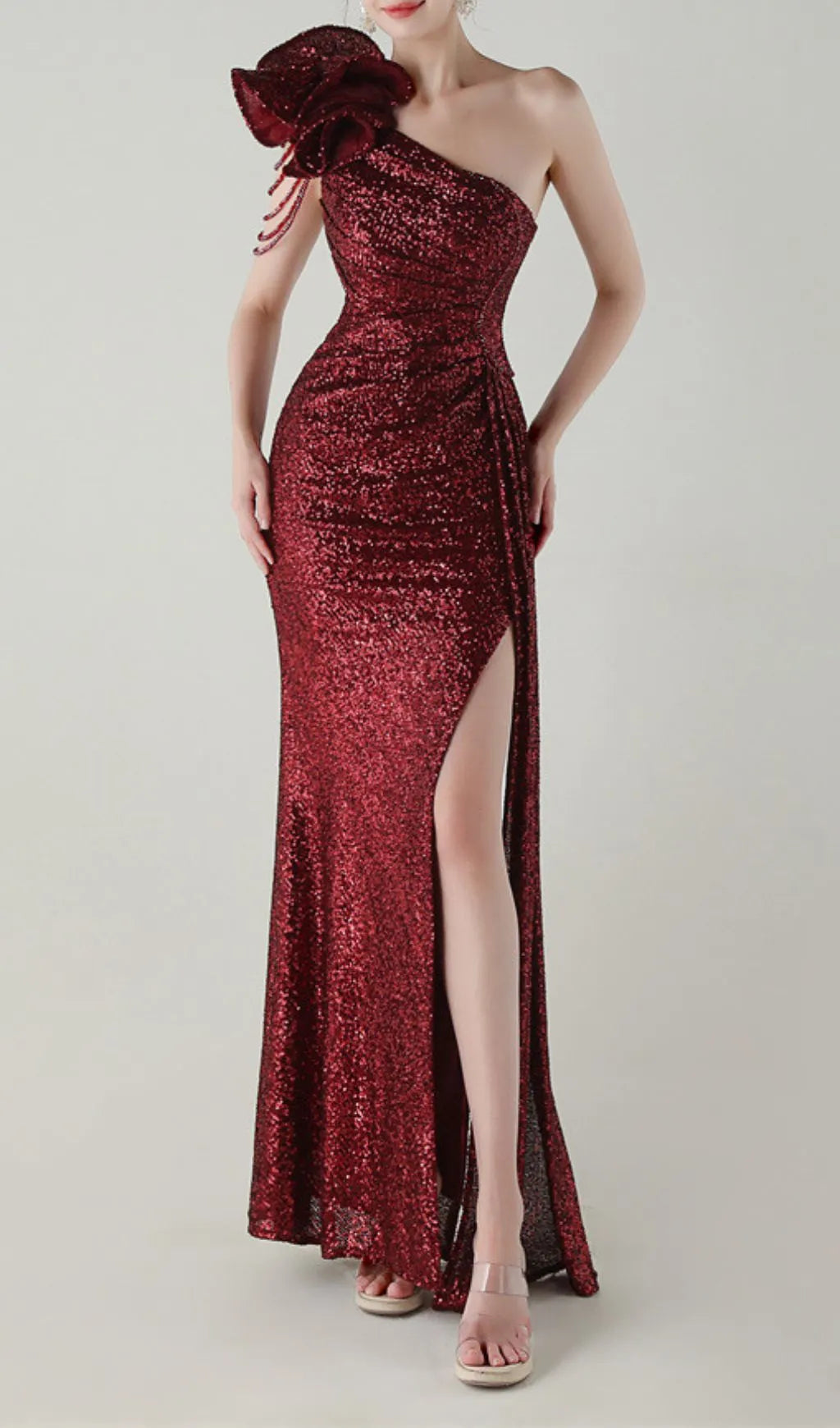 Ikia Red One-Shoulder Sequin Maxi Dress Flowering Girl